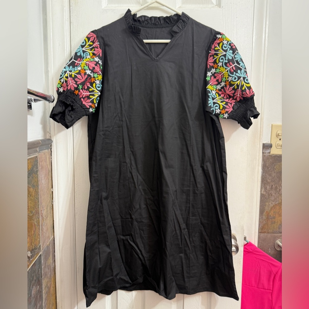NWOT black dress with colorful sleeves